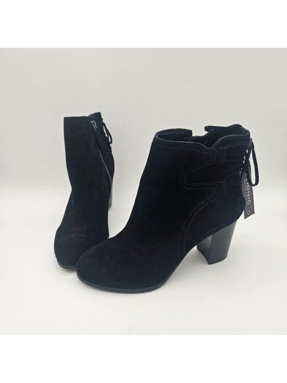 Vionic Ronnie Black Suede Block Heel Ankle Boot Bootie Womens Sz 8.5 NEW